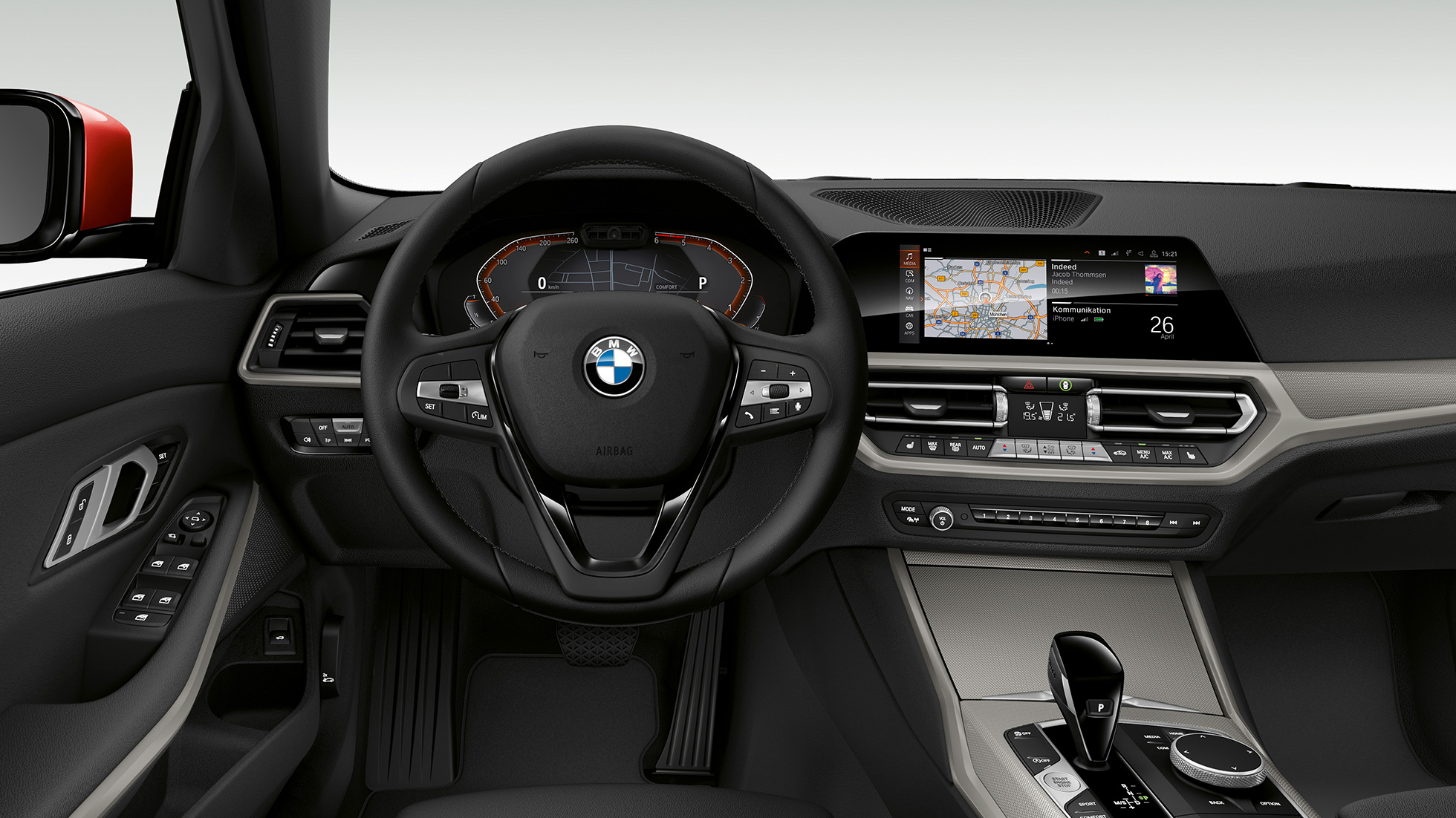BMW 3 Series Sedan, Model Advantage Cockpit. G20 Frontal close-up of the driver's cockpit of the BMW 3 Series Sedan with model Advantage features. G20