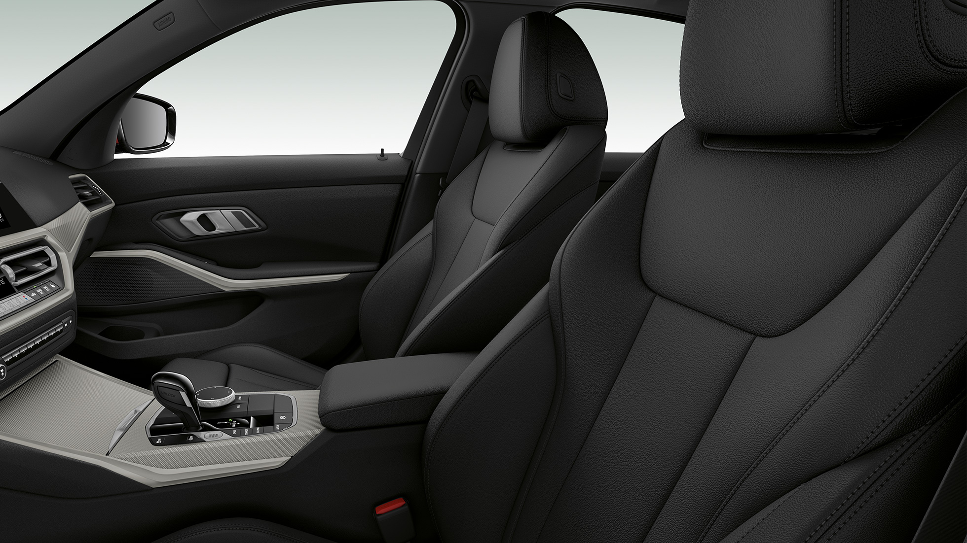 BMW 3 Series Sedan, Model Advantage front seats. G20 Side close-up of the front seats of the BMW 3 Series Sedan with model Advantage features. G20