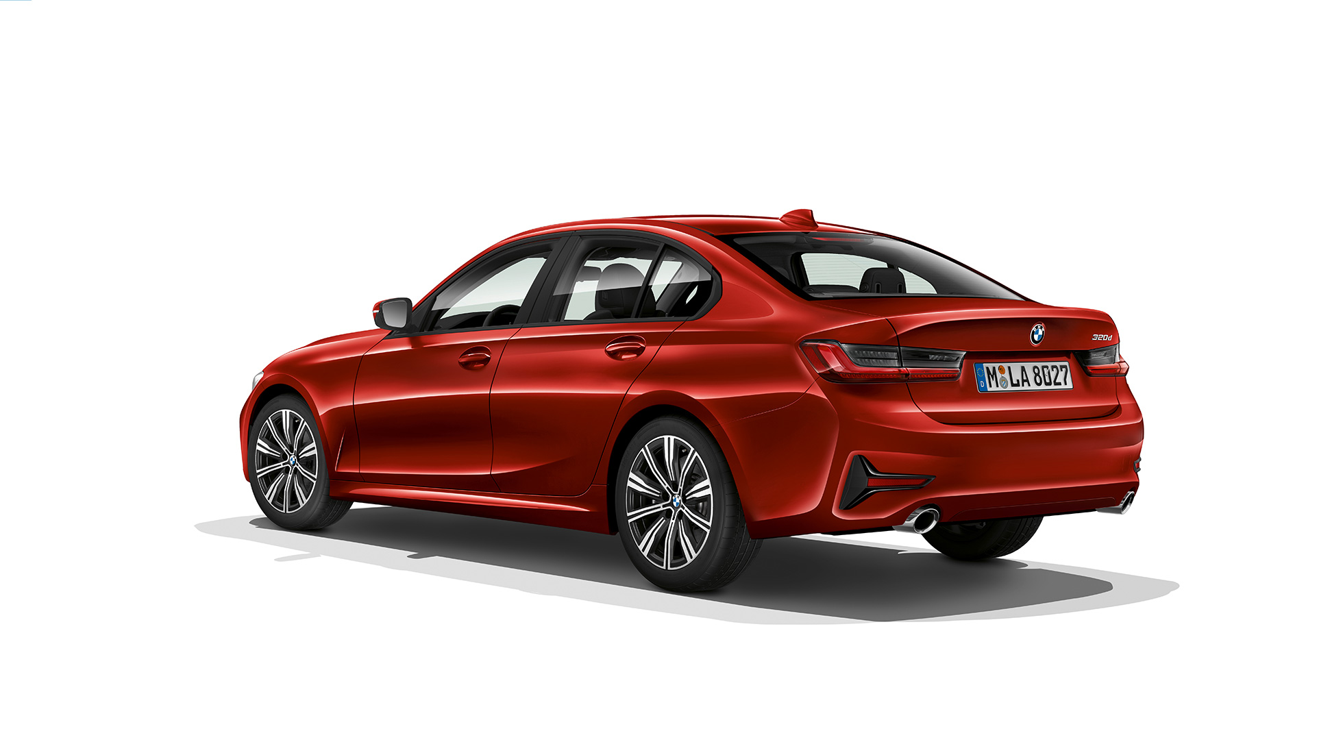 BMW 3 Series Sedan, Model Advantage rear. G20 Three-quarter rear shot of the BMW 3 Series Sedan with model Advantage features. G20