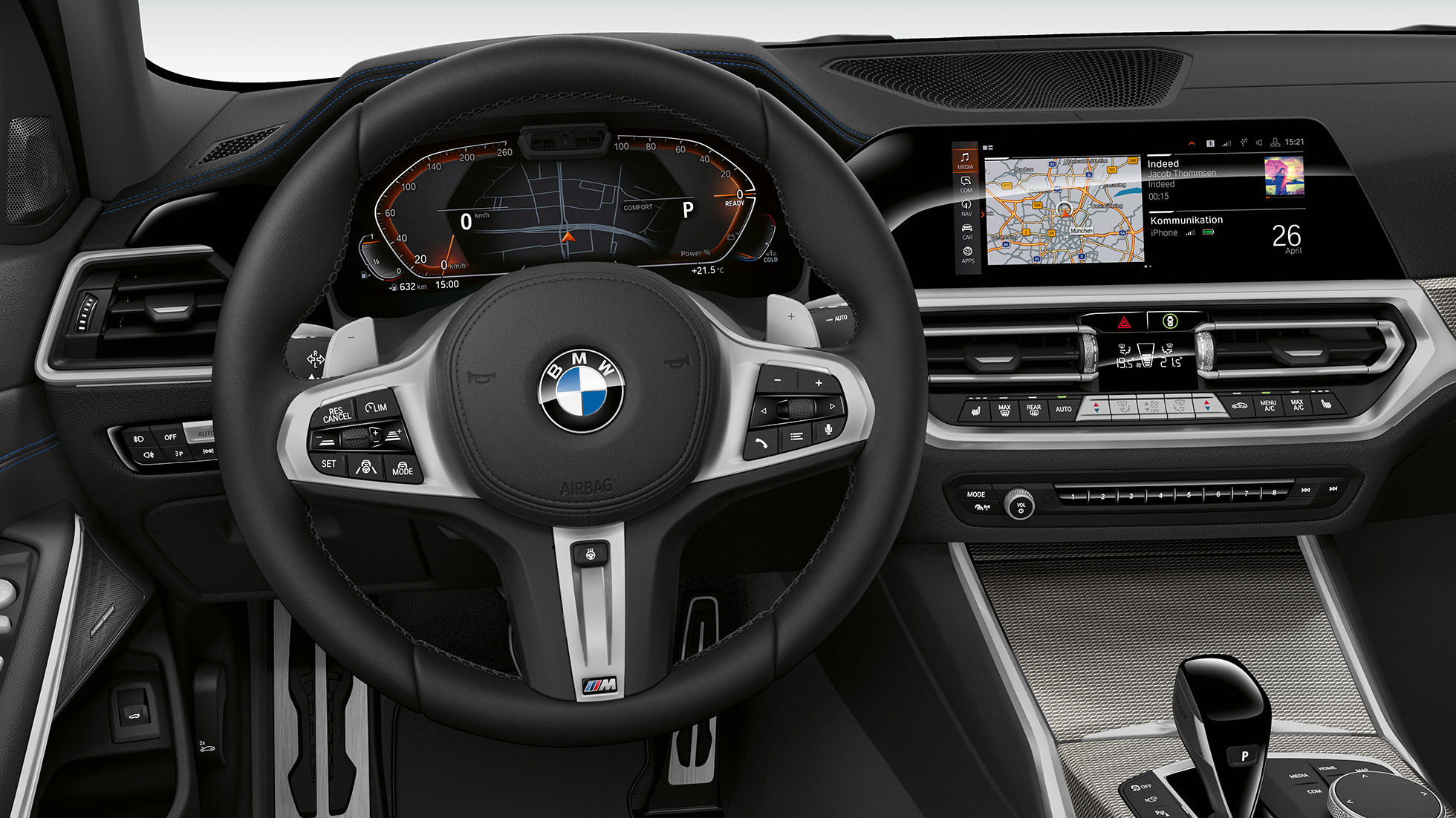 BMW 3 Series Sedan, Model Sport Line Cockpit. G20 Frontal close-up of the driver's cockpit of the BMW 3 Series Sedan with Model Sport Line features. G20