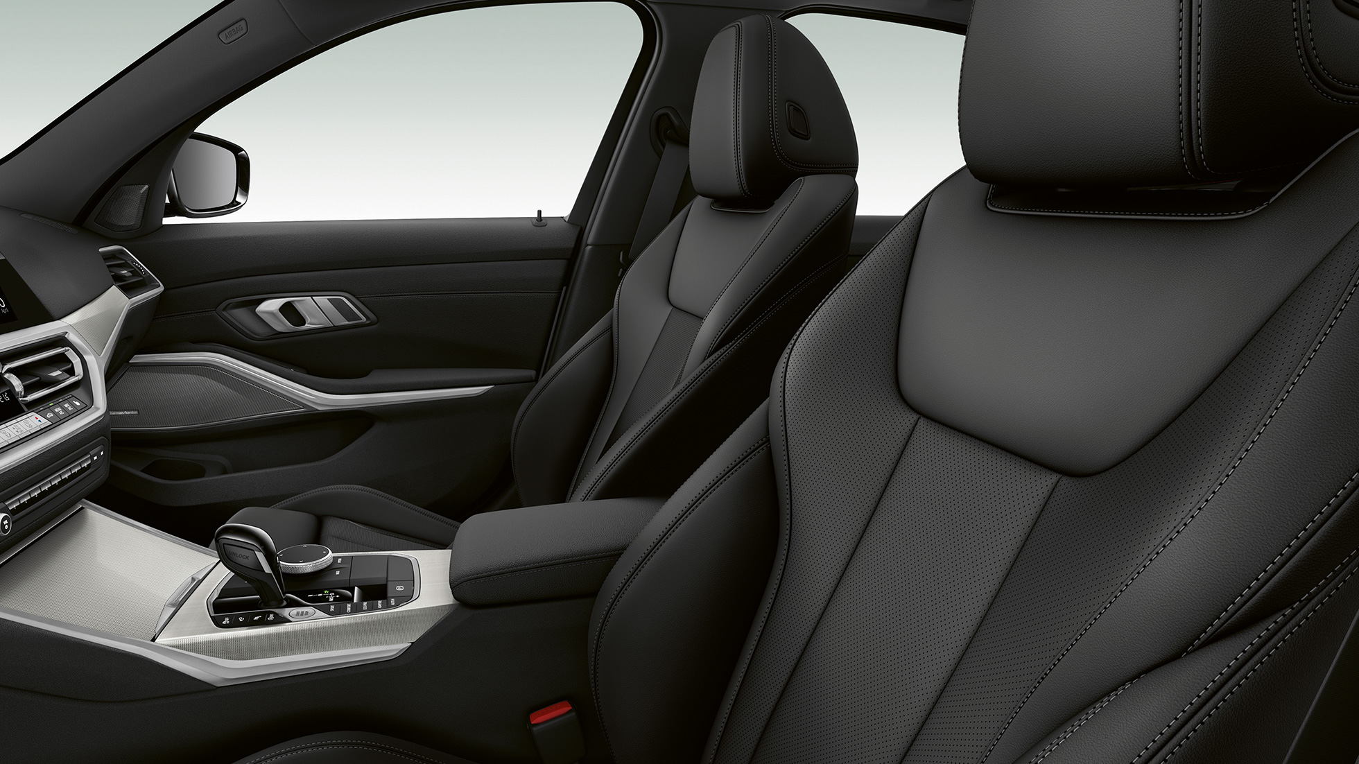 BMW 3 Series Sedan, Model Sport Line front seats. G20 Side close-up of the front seats of the BMW 3 Series Sedan with Model Sport Line features. G20