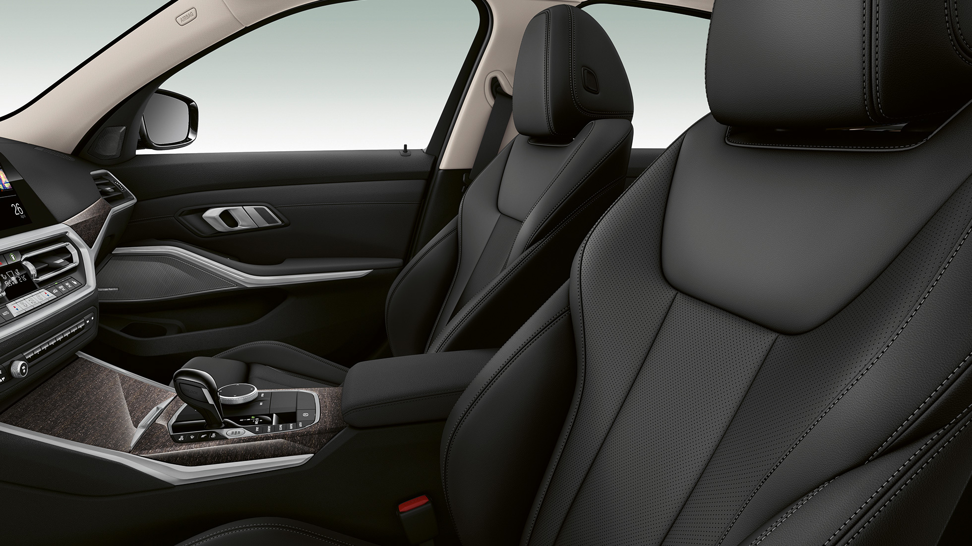 BMW 3 Series Sedan, Modell Luxury Line front seats. G20 Side close-up of the front seats of the BMW 3 Series Sedan with Model Luxury Line features. G20