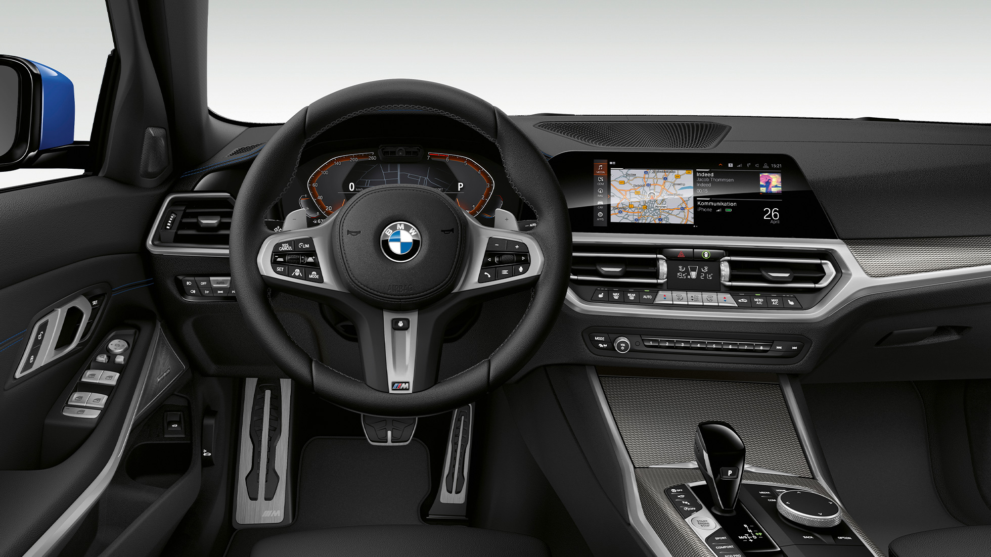 BMW 3 Series Sedan, Model M Sport Cockpit. G20 Frontal close-up of the driver's cockpit of the BMW 3 Series Sedan with Model M Sport features. G20