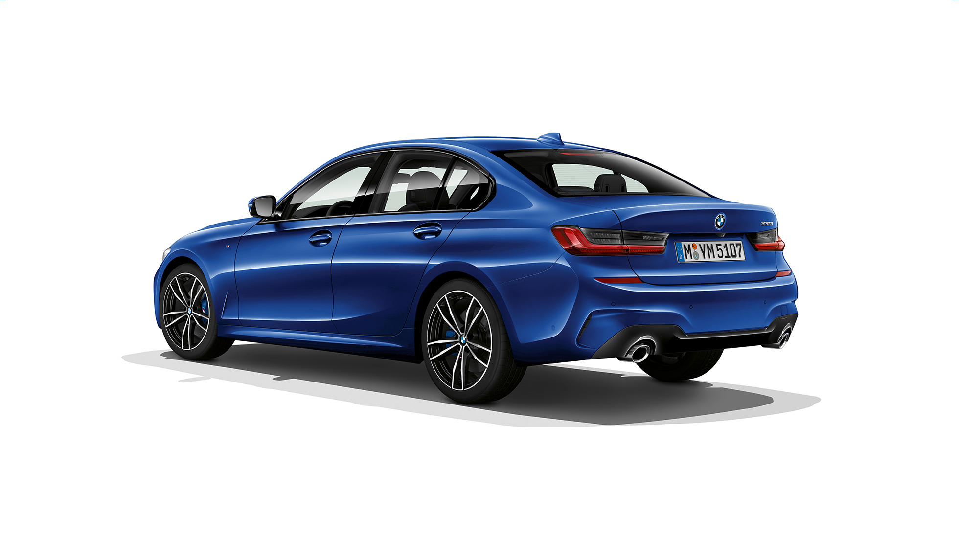 BMW 3 Series Sedan, Model M Sport rear. G20 Three-quarter rear shot of the BMW 3 Series Sedan with Model M Sport features. G20