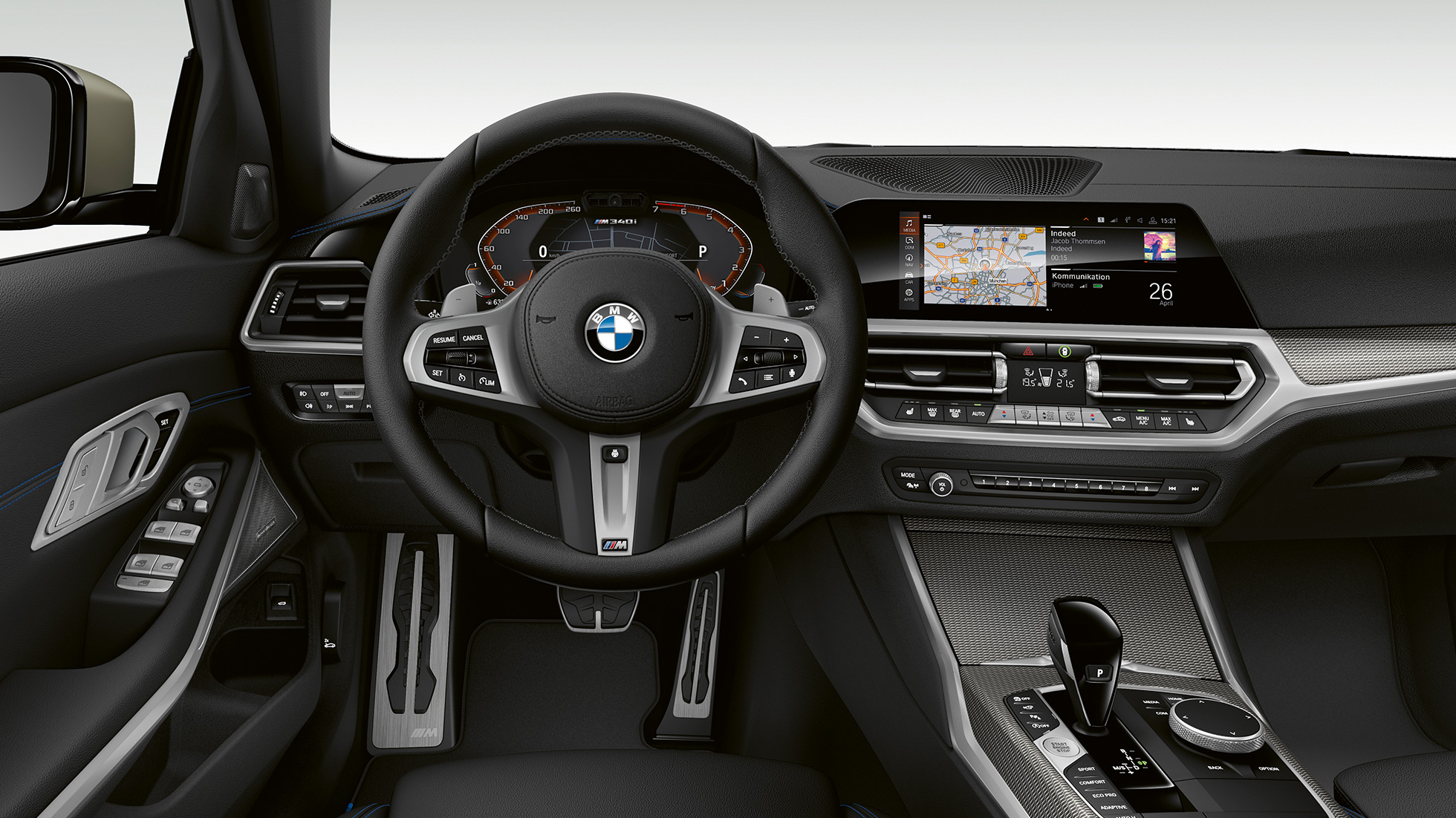 BMW 3 Series Sedan, M340i xDrive Cockpit. G20 Frontal close-up of the driver's cockpit of the BMW 3 Series M340i xDrive Sedan. G20