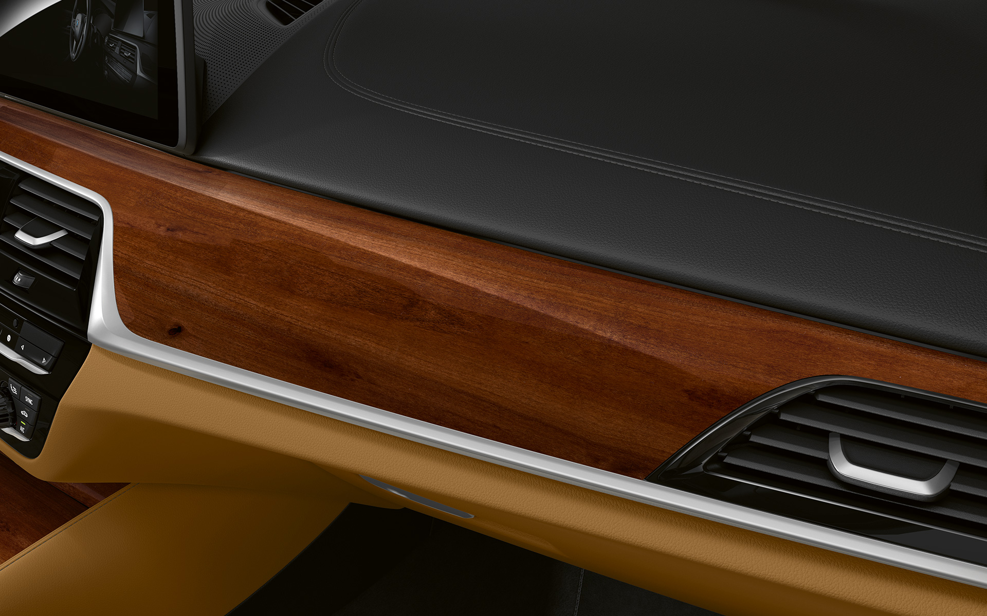 BMW 5 Series Touring G31 LCI cockpit in detail trim finishers BMW Individual fine-wood trim plum brown high-gloss with highlight trim finisher Pearl Chrome BMW 5 Series Touring G31 Facelift 2020 cockpit in detail trim finishers BMW Individual fine-wood trim plum brown high-gloss with highlight trim finisher Pearl Chrome