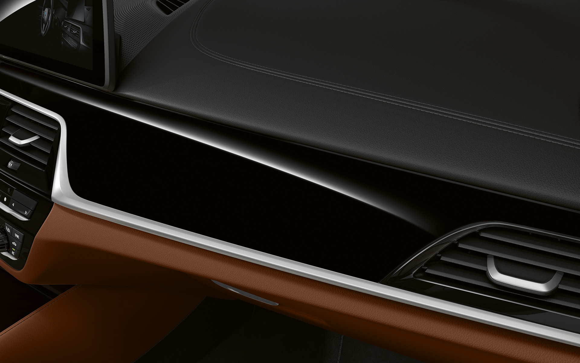 BMW 5 Series Touring G31 LCI cockpit in detail trim finishers Piano Black trim with Pearl Chrome finisher BMW 5 Series Touring G31 Facelift 2020 cockpit in detail trim finishers Piano Black trim with Pearl Chrome finisher