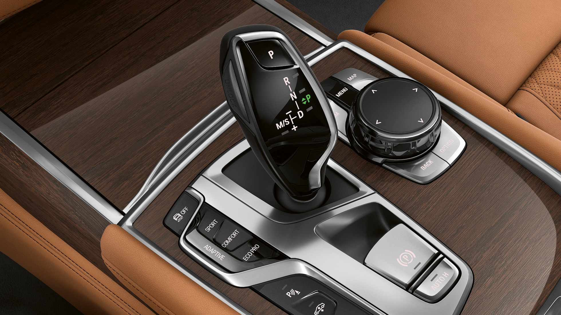 BMW 7 Series Sedan with Exterior Design Pure Excellence, gear selector G11 BMW 7 Series Sedan in with Exterior Design Pure Excellence: Close-up of gear selector G11