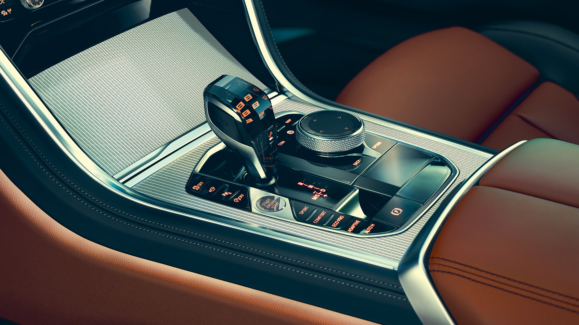 BMW 8 Series Coupé, interior. G15 BMW 8er Coupé, Interieur, close-up view of the gear selector. G15