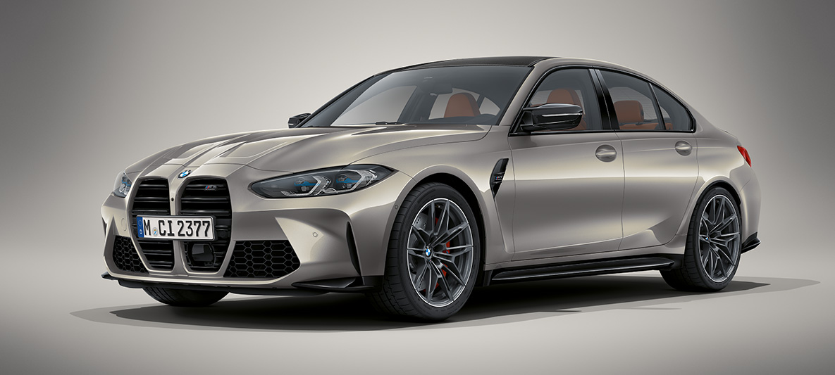 BMW Individual Oxide Grey metallic BMW M3 Sedan G80 2020 BMW M3 Sedan BMW Individual Oxide Grey metallic G80 2020 three-quarter front view standing