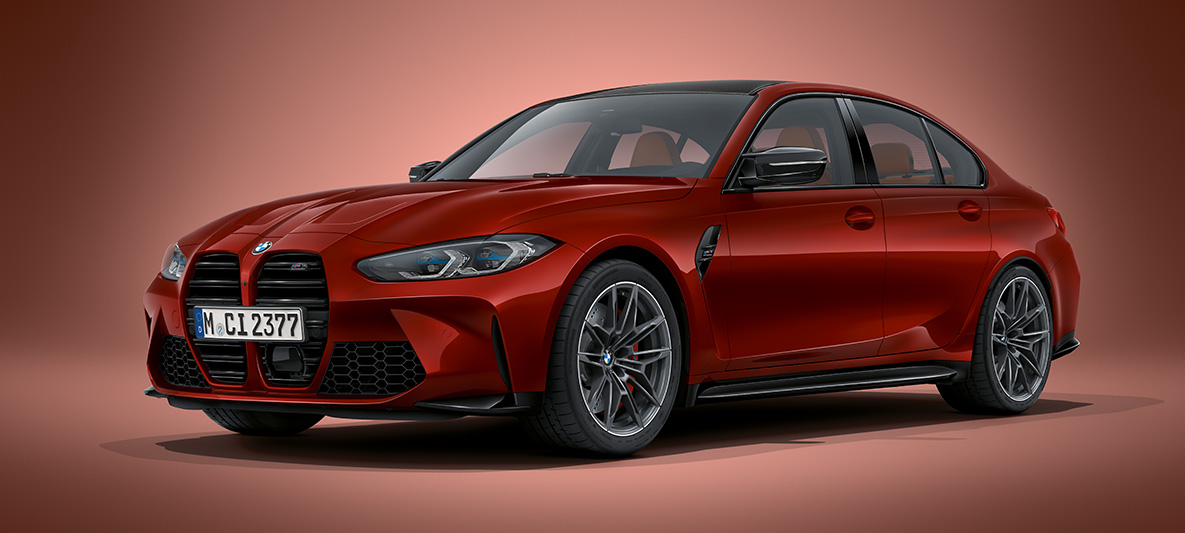 BMW Individual Aventurine Red metallic BMW M3 Sedan G80 2020 BMW M3 Sedan BMW Individual Aventurine Red metallic G80 2020 three-quarter front view standing