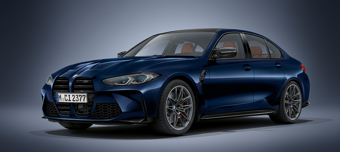 BMW Individual Tanzanite Blue metallic BMW M3 Sedan G80 2020 BMW M3 Sedan BMW Individual Tanzanite Blue metallic G80 2020 three-quarter front view standing