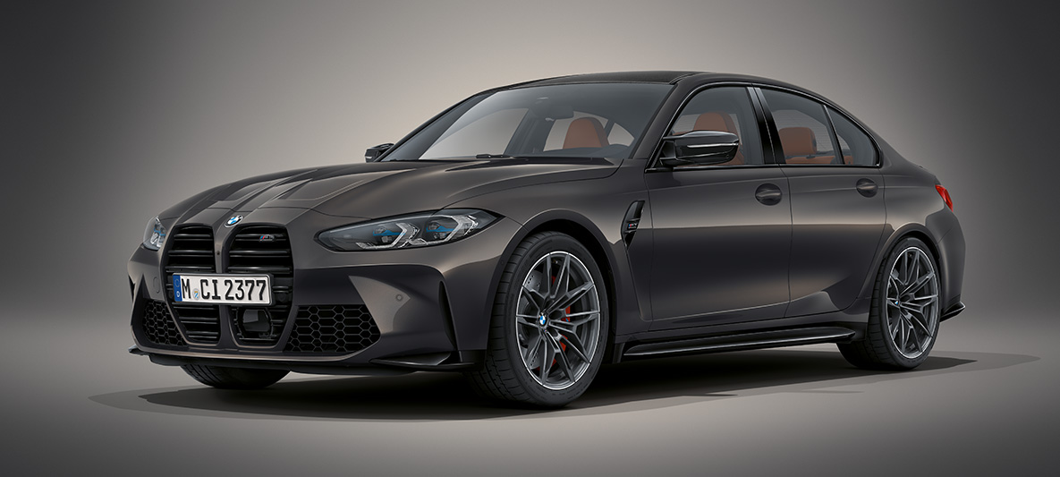 BMW Individual Dravit Grey metallic BMW M3 Sedan G80 2020 BMW M3 Sedan BMW Individual Dravit Grey metallic G80 2020 three-quarter front view standing