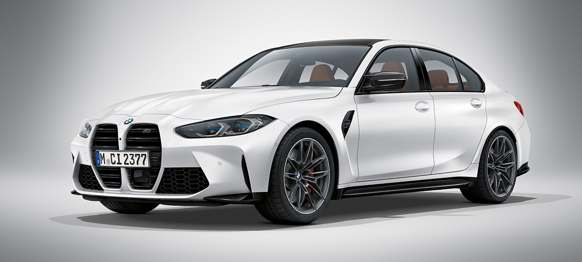 BMW Individual Frozen Brilliant White metallic BMW M3 Sedan G80 2020 BMW M3 Sedan BMW Individual Frozen Brilliant White metallic G80 2020 three-quarter front view standing