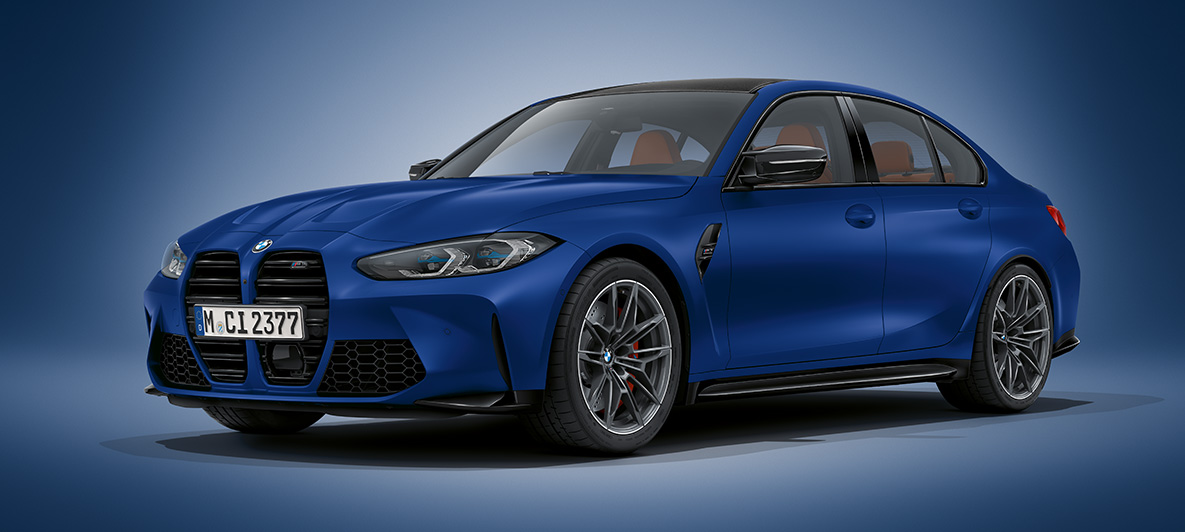 BMW Individual Frozen Portimao Blue metallic BMW M3 Sedan G80 2020 BMW M3 Sedan BMW Individual Frozen Portimao Blue metallic G80 2020 three-quarter front view standing