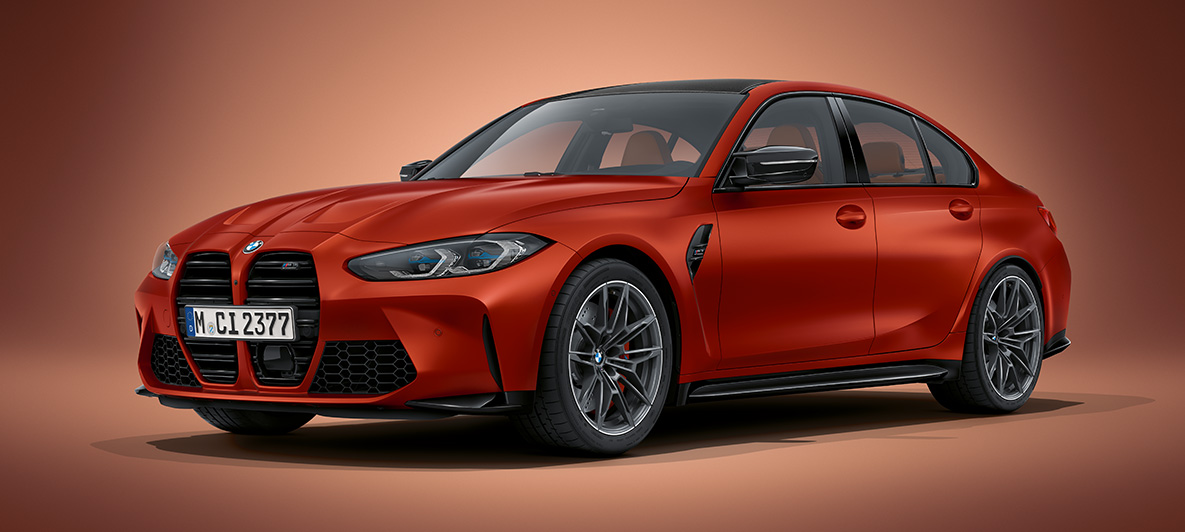 BMW Individual Frozen Orange metallic BMW M3 Sedan G80 2020 BMW M3 Sedan BMW Individual Frozen Orange metallic G80 2020 three-quarter front view standing