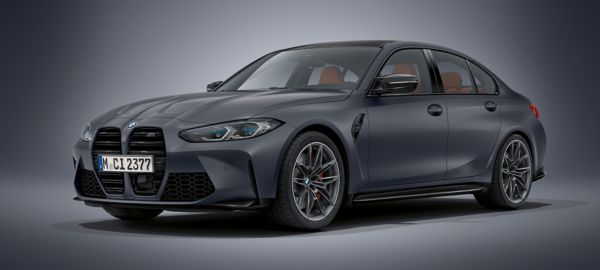 BMW Individual Frozen Dark Grey metallic BMW M3 Sedan G80 2020 BMW M3 Sedan BMW Individual Brooklyn Grey metallic G80 2020 three-quarter front view standing