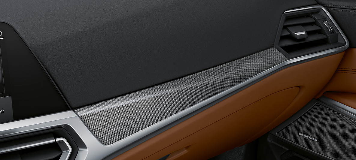 BMW Individual Interior trims Aluminium fabric high-gloss BMW M3 Sedan G80 2020 interior BMW Individual interior trim finishers Aluminium fabric high-gloss with highlight trim finisher in Pearl Chrome BMW M3 Sedan G80 2020 interior