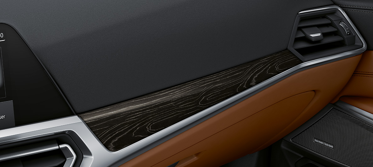 BMW Individual Interior trims Fine wood BMW M3 Sedan G80 2020 interior BMW Individual fine-wood trim 'Fineline' Black with silver effect open-pored BMW M3 Sedan G80 2020 interior