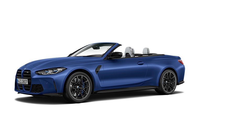 BMW M4 Competition Convertible with M xDrive G83 2021 metallic three-quarter front view in motion BMW M4 Competition Convertible with M xDrive G83 2021 BMW Individual Frozen Portimao Blue metallic three-quarter front view in motion