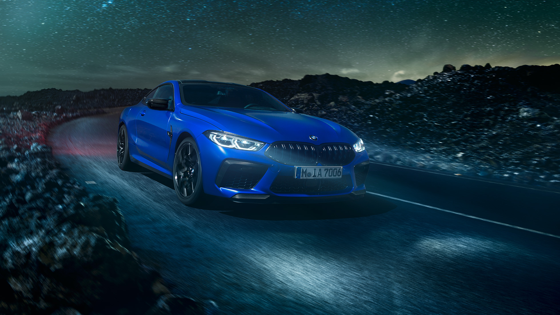 BMW M8 Competition Coupé. F92 The first-ever BMW M8 Competition Coupé in Marina Bay Blue metallic, three-quarter front view. F92
