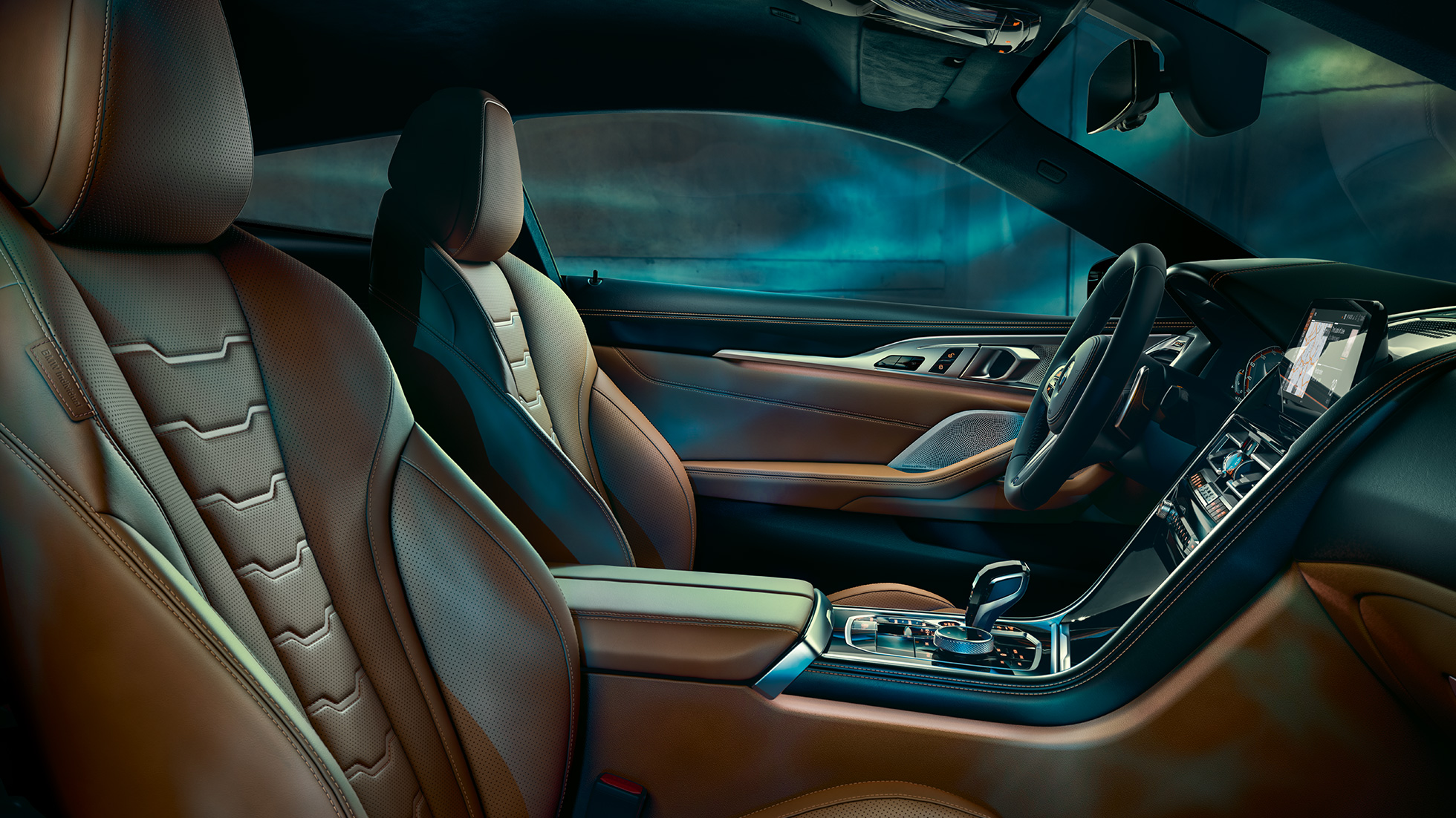 BMW M850i xDrive Coupé, interior. BMW M850i xDrive Coupé, interior with multifunctional seats in BMW Individual extended leather 'Merino' Tartufo/Black.