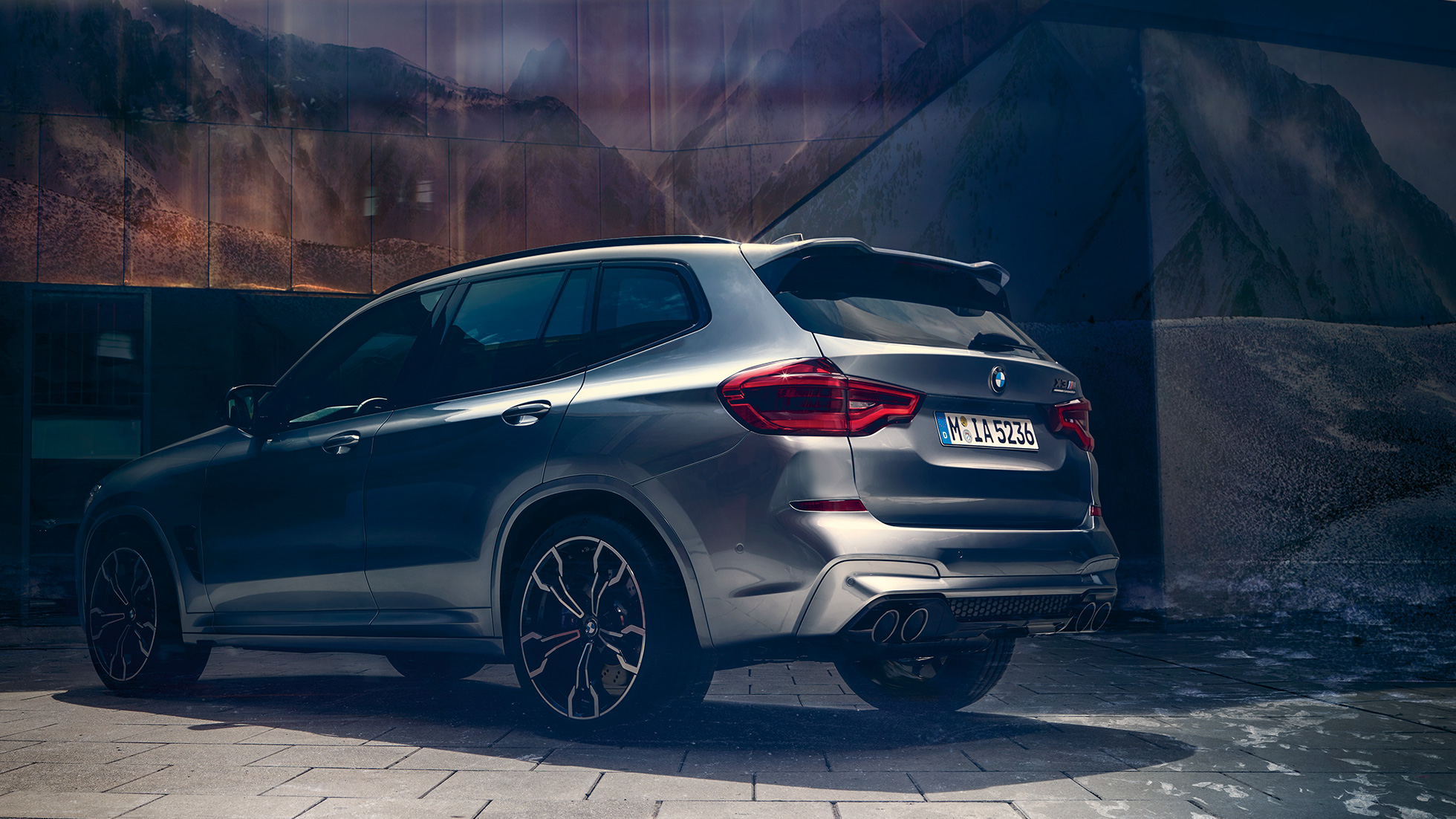 BMW X3 M Competition, lateral rear view. F97 BMW X3 M Competition in Donington Grey metallic, exterior, lateral rear view. F97