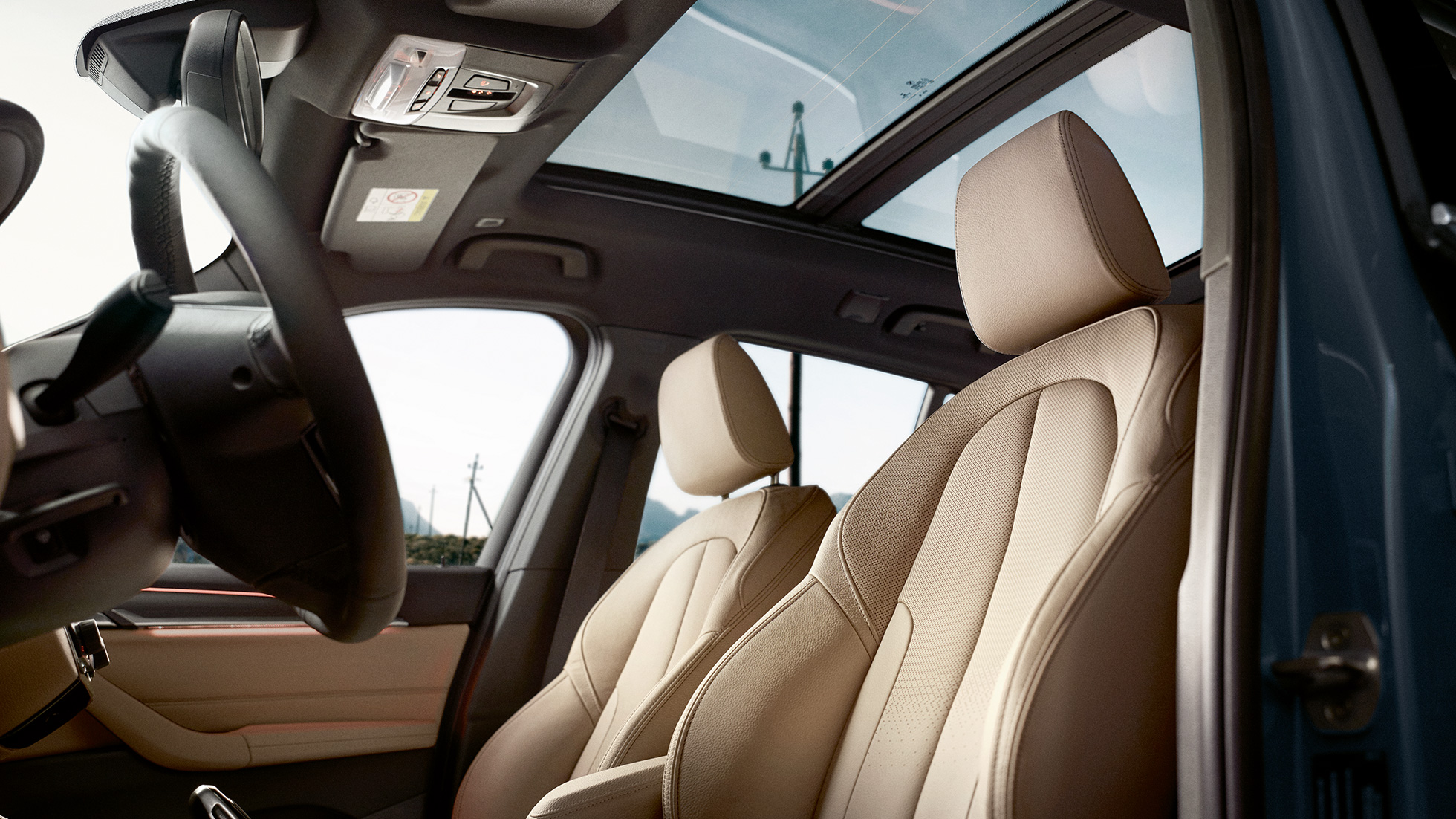 BMW X1 interior, sport seats. F48 BMW X1 interior, view of ergonomic sport seats. F48