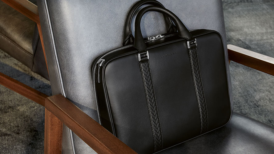Montblanc for BMW Document Bag. The picture shows a Montblanc for BMW Document Bag rested on an armchair.