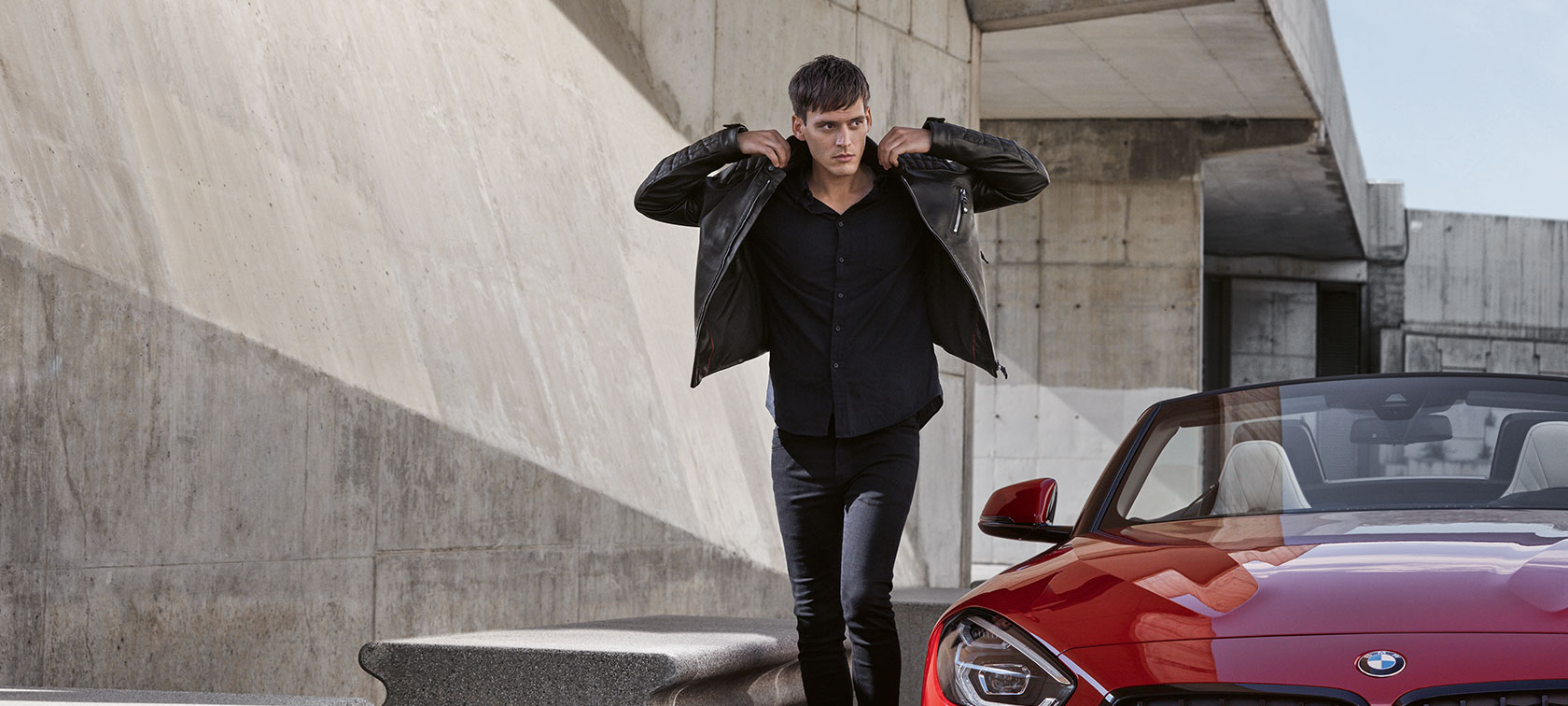 BMW Men's Leather Jacket. A man is shown wearing a BMW Men's Leather Jacket from the BMW Collection.