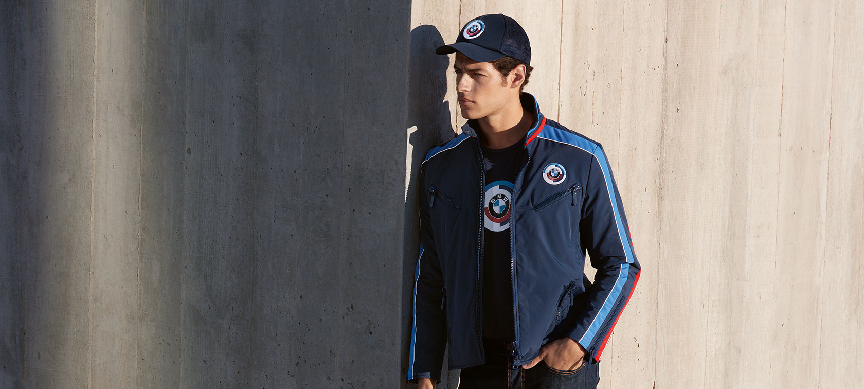BMW Classic Men’s Motorsport Jacket. A man is shown wearing a BMW Classic Men’s Motorsport Jacket from the BMW Classic Collection.