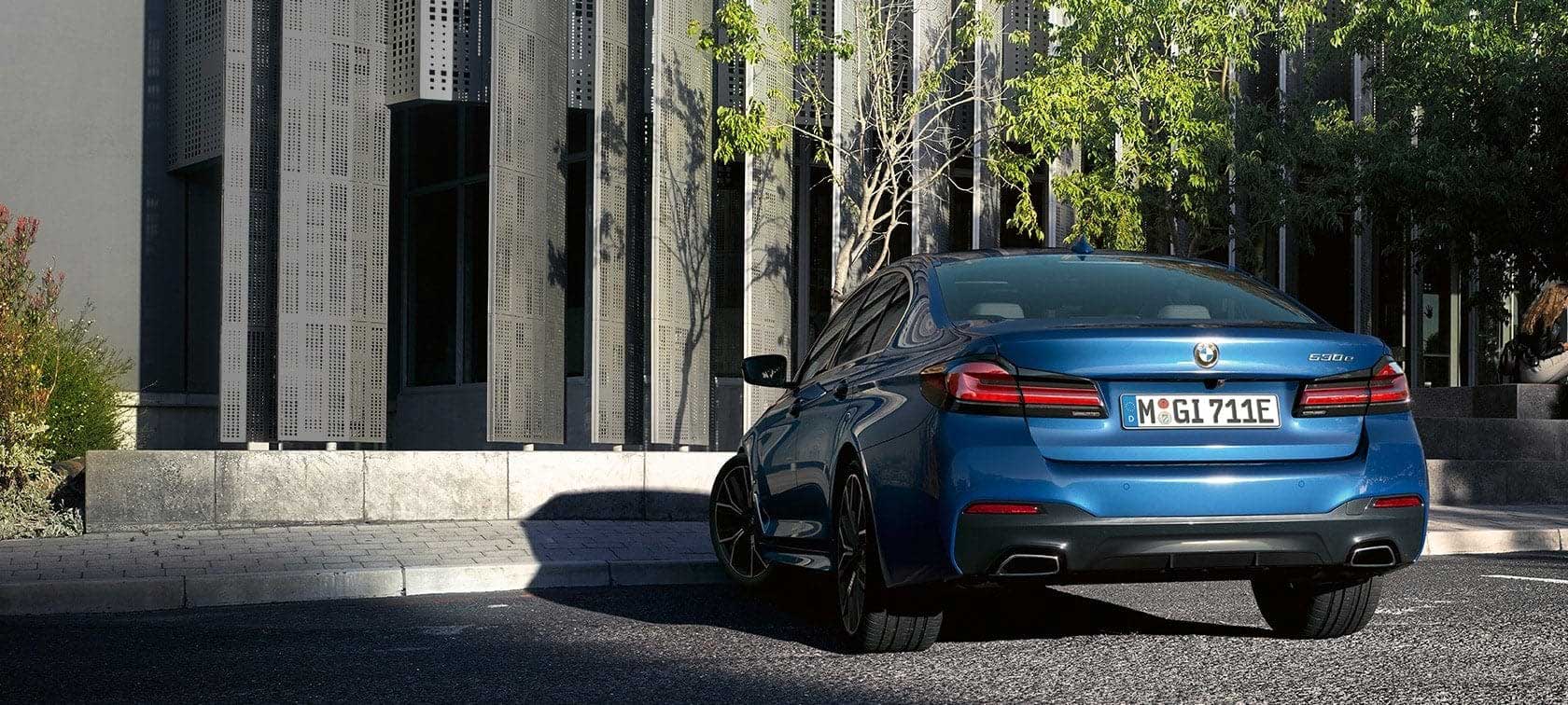 BMW 5 Series Sedan G30 standing BMW 5 Series Sedan G30 Facelift 2020 Phytonic Blue rear view standing